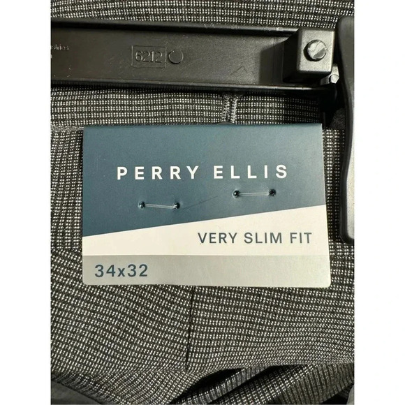 Perry Ellis Very Slim Fit Stretch Houndstooth Dress Pant 34x32 Gray Straight Leg - Picture 5 of 5